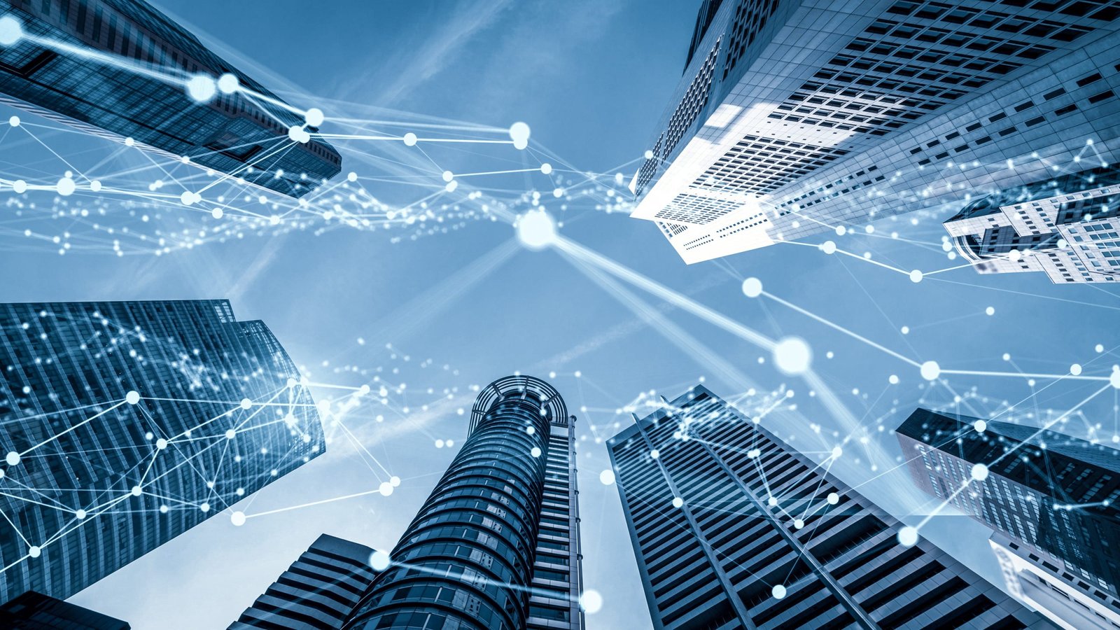 Imaginative visual of smart digital city with globalization abstract graphic showing connection network . Concept of future 5G smart wireless digital city and social media networking systems .
